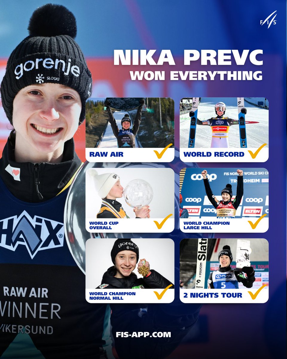 FISskijumping's tweet photo. Nika Prevc 🇸🇮 𝗪𝗢𝗡 𝗘𝗩𝗘𝗥𝗬𝗧𝗛𝗜𝗡𝗚 this season 🐐

Raw Air ✅
World Record ✅
World Cup Overall ✅
World Champion Large Hill ✅
World Champion Normal Hill ✅
Two Nights Tour ✅

The season for the history books 📚

#fisskijumping #worldcupvikersund https://t.co/7yCV0GogLR