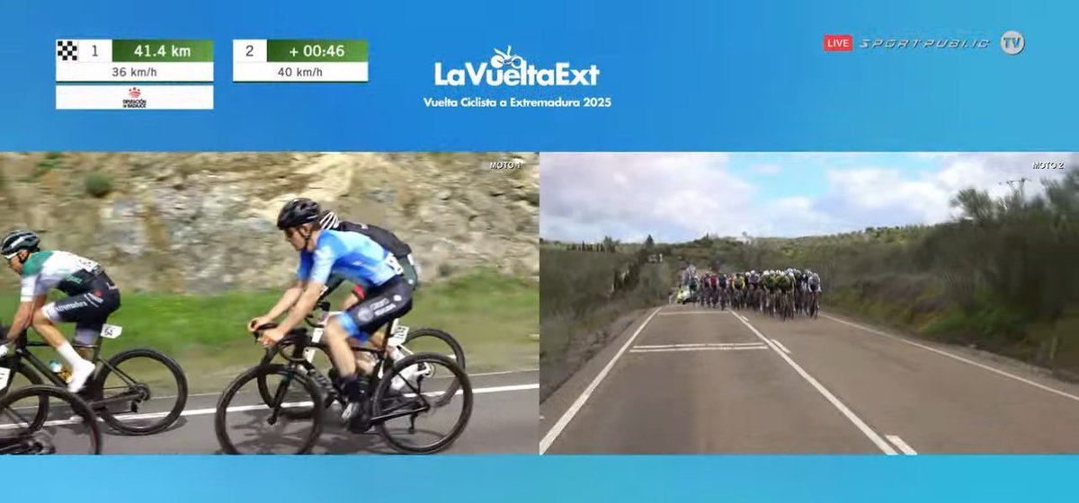 🧨 Aumenta el ritmo en el pelotón en la aproximación al Alto de Feria.

↔️ 46 segundos de diferencia entre ambos grupos.

#VueltaExtremadura25 | #EstamosdeVuelta