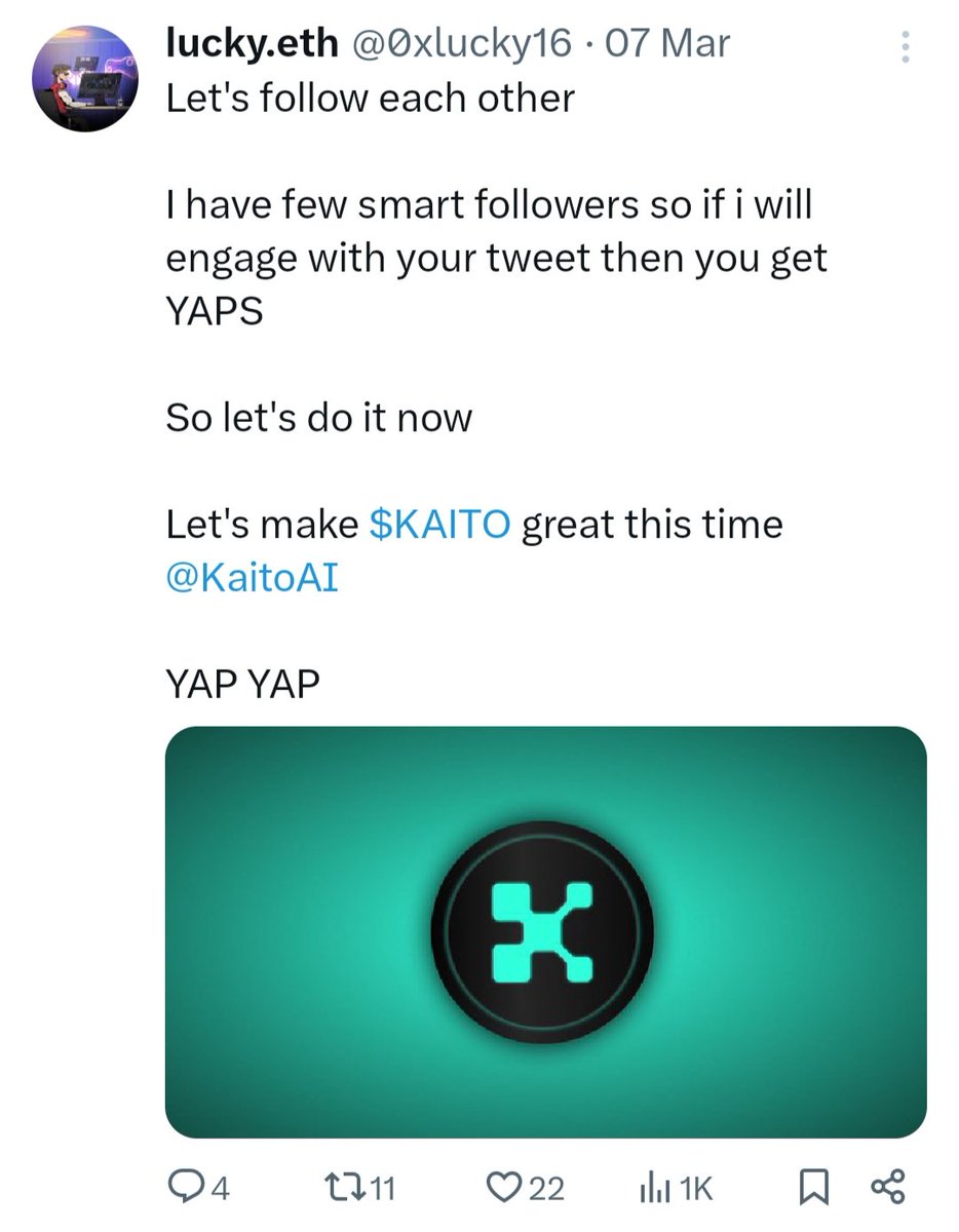 0xlucky16's tweet photo. Got First 1k views on my tweet 

Thanks to @KaitoAI and all the yappers, keep doing YAP YAP https://t.co/fEb7ohTS1M