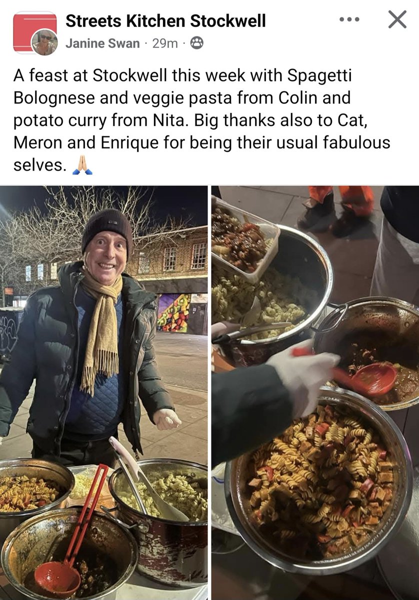 streetskitchen's tweet photo. A feast at #Stockwell #StreetsKitchen this week with Spagetti Bolognese and veggie pasta from Colin and potato curry from Nita.
Big thanks also to Cat, Meron and Enrique for being their usual fabulous selves. ππ» https://t.co/CaOUCFKjU4