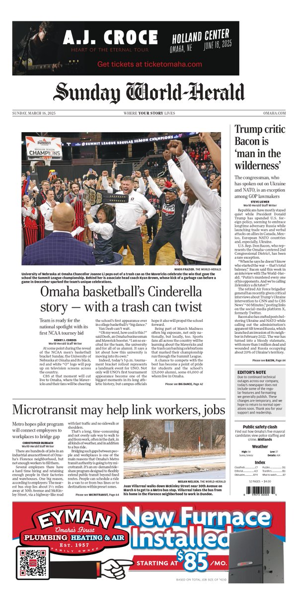 Good morning, Omaha.

It's Selection Sunday and the Mavericks are a page one story.

#MarchMAVness | <a href="/OWHnews/">Omaha World-Herald</a>