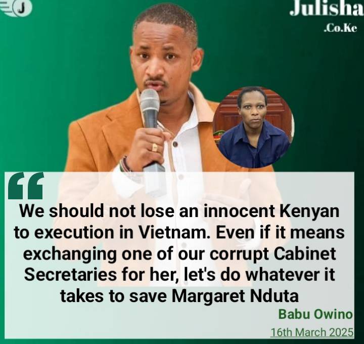 Goddie_Ke's tweet image. Babu Owino : We should not lose an innocent Kenyan to execution in Vietnam. Even if it means exchanging one of our corrupt Cabinet Secretaries for her, let's do whatever it takes to save Margaret Nduta
