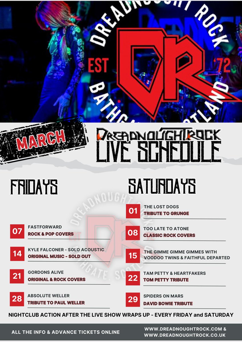 Still to come in March at the only place that rocks. 
All the info and tickets on the website dreadnoughtrock.com and dreadnoughtrock.co.uk. If you don't look you'll never know what's on at Scotland's Longest Running Rock Club