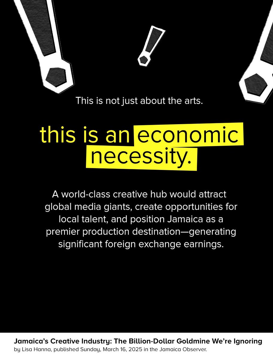 LisaHannamp's tweet photo. Jamaica is a global cultural powerhouse, yet we lose billions due to chronic underinvestment in creative infrastructure. Our artists and filmmakers dominate internationally but are forced to create abroad because Jamaica lacks world-class production facilities.

This isn’t just a creative issue—it’s an economic crisis. The 2024-2025 budget proves the problem: 57% of the JM$3.2B allocation to arts and culture goes to salaries and travel, while only 2.5% is invested in infrastructure. Meanwhile, other nations are building state-of-the-art production hubs, attracting billion-dollar investments, and leaving us behind.

The solution is clear: Jamaica must build a world-class creative production hub. A US$60M Public-Private Partnership could position us as the creative capital of the Caribbean, generating thousands of jobs and unlocking massive economic growth.

The world is looking for new production destinations. Jamaica has the talent and global influence, but without infrastructure, we will continue to lose out. No more delays, no more excuses—it’s time to build.

Click the link to read my article in full:  The Billion Dollar Goldmine We’re Ignoring 

https://t.co/5DHSr7RpiO