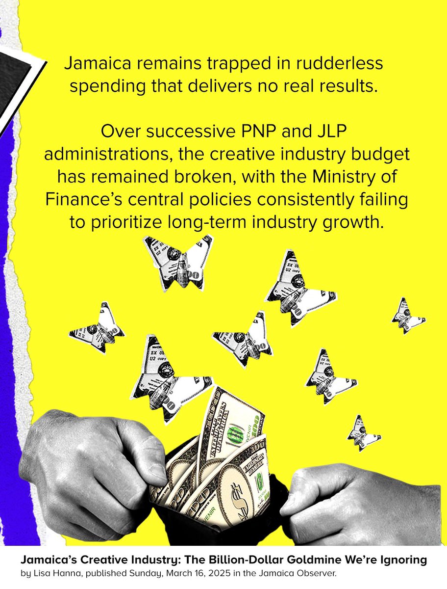 LisaHannamp's tweet photo. Jamaica is a global cultural powerhouse, yet we lose billions due to chronic underinvestment in creative infrastructure. Our artists and filmmakers dominate internationally but are forced to create abroad because Jamaica lacks world-class production facilities.

This isn’t just a creative issue—it’s an economic crisis. The 2024-2025 budget proves the problem: 57% of the JM$3.2B allocation to arts and culture goes to salaries and travel, while only 2.5% is invested in infrastructure. Meanwhile, other nations are building state-of-the-art production hubs, attracting billion-dollar investments, and leaving us behind.

The solution is clear: Jamaica must build a world-class creative production hub. A US$60M Public-Private Partnership could position us as the creative capital of the Caribbean, generating thousands of jobs and unlocking massive economic growth.

The world is looking for new production destinations. Jamaica has the talent and global influence, but without infrastructure, we will continue to lose out. No more delays, no more excuses—it’s time to build.

Click the link to read my article in full:  The Billion Dollar Goldmine We’re Ignoring 

https://t.co/5DHSr7RpiO