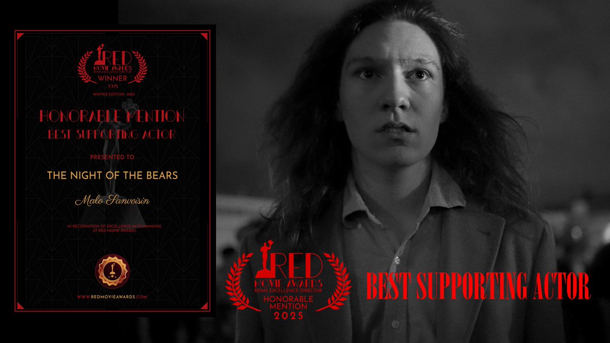 La Nuit des Ours remporte une Mention Honorable pour Malo Sanvoisin aux @redmovieawards ! Un grand merci à eux !
Le court-métrage a terminé dans les 5 finalistes pour le meilleur court-métrage mais c'est Clockwork de l'australien Loss Ruttrell qui l'emporte. Bravo à lui !