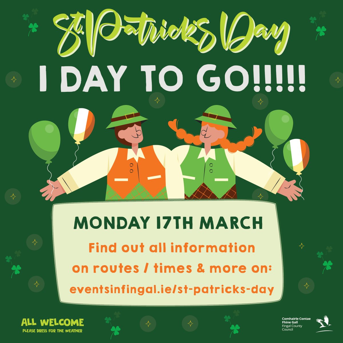 Events in Fingal (@eventsinfingal) on Twitter photo Only 1 Day to Go until Seven Great St. Patrick's Day Parades across Fingal.
Find out all information on routes/times & more on:
eventsinfingal.ie/st-patricks-day
#stpatricksday #parade #fingal #familyday
<a href="/Fingalcoco/">Fingal County Council</a> <a href="/LoveFingalDub/">Love Fingal Dublin</a> Only 1 Day to Go until Seven Great St. Patrick's Day Parades across Fingal.
Find out all information on routes/times & more on:
eventsinfingal.ie/st-patricks-day
#stpatricksday #parade #fingal #familyday
<a href="/Fingalcoco/">Fingal County Council</a> <a href="/LoveFingalDub/">Love Fingal Dublin</a>