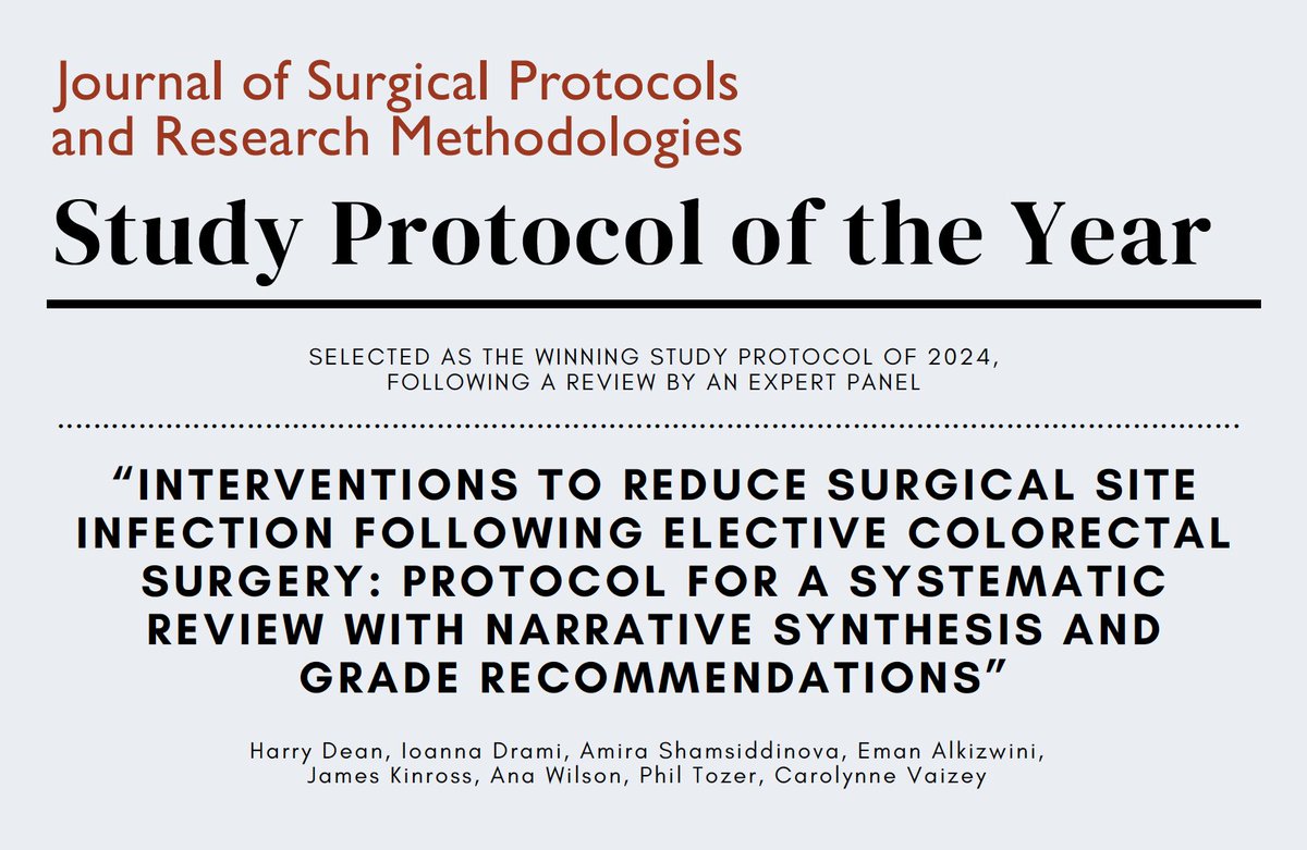 Journal of Surgical Protocols and Research Methods (@jsprm_oup) on Twitter photo The winning study protocol of the year 2024 has been announced, read the article now:
doi.org/10.1093/jsprm/… <a href="/ioannadrami/">Ioanna Drami</a> <a href="/harryfdean/">Harry Dean</a> <a href="/philtozer1/">Phil Tozer</a> <a href="/bowelsurgeon/">James Kinross</a> The winning study protocol of the year 2024 has been announced, read the article now:
doi.org/10.1093/jsprm/… <a href="/ioannadrami/">Ioanna Drami</a> <a href="/harryfdean/">Harry Dean</a> <a href="/philtozer1/">Phil Tozer</a> <a href="/bowelsurgeon/">James Kinross</a>