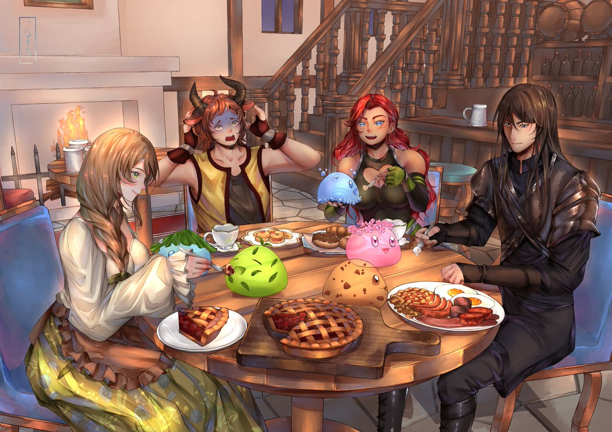 cinderedella's tweet photo. A warm meal, good friends, and playful slimes—just another evening at the tavern🍽️✨

Anyone wanna be artmoots? 👀

#fantasy #MagicTavern #commissionsopen #VGenComm https://t.co/71hlntKCKZ