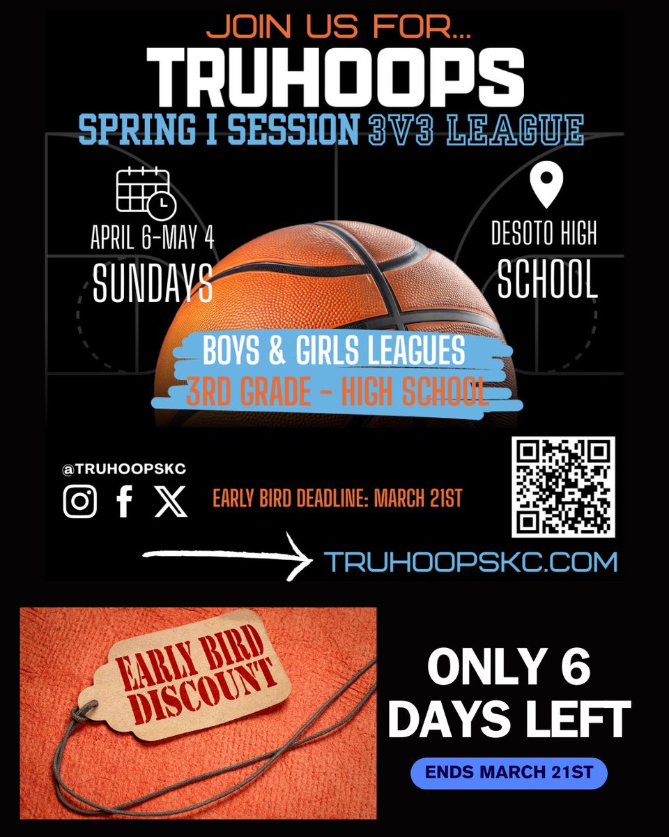 ⏰ Only 6 Days Left for Early Bird Registration! ⏰
🏀 Don’t miss your chance to be part of the TRU Hoops 3v3 Basketball League! It’s the perfect place for kids to sharpen their skills, make new friends, and most importantly—#Hoop4Fun. 🙌