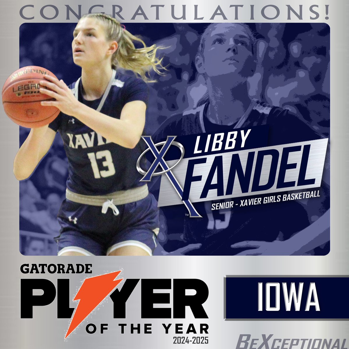 XavierSaints's tweet image. Want to make sure we give a big time shout out for another big time achievement for Libby Fandel! Congrats on being named the 2024-2025 Iowa Gatorade Player of the Year, Libby! #WeAreXavier #BeXceptional