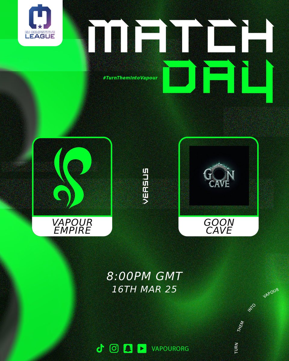 MATCH-DAY!

🏅 - Division 6 - LR3 ECL
🆚 - Goon Cave
🕗 - 8:00pm
📅 - 16th Mar 25

🟢 - Ozyned
⚫ - Carlile
🟢 - Stabzii
⚫ - Streakzzy

The boys will be aiming to secure Top 4 tonight as it remains do or die with perfection required! 

📺 - twitch.tv/agentguava