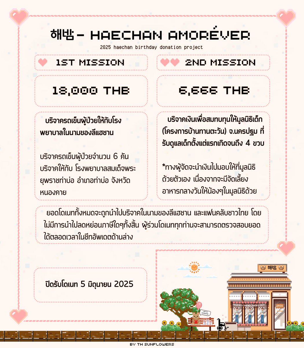 เนื่องในวันเกิดแฮชานที่กำลังจะมาถึง เราเลยอยากขอชวนทุกคนมาร่วมกันทำบุญในนามแฮชานด้วยกันค่ะ โดยจะเป็นการบริจาครถเข็นผู้ป่วยให้กับรพ และบริจาคทุนทรัพย์ให้มูลนิธิเด็กค่ะ 

รายละเอียดเพิ่มเติมและโดเนทได้ที่
🧸forms.gle/qgzpbf8VXEBH3V…

ปิดรับ 05.06.2025
#HAPPYHAECHANDAY
#HAECHAN #แฮชาน