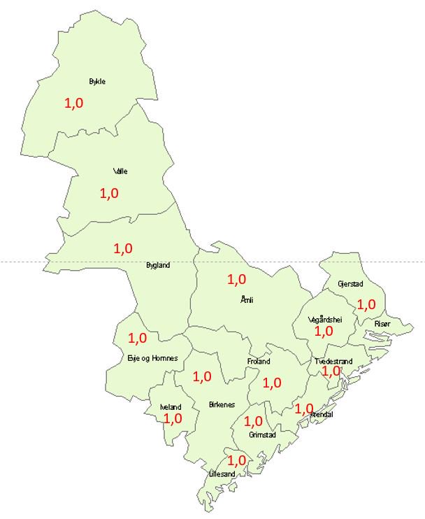 Innbyggere per capita 

i kommunene i Aust-Agder.