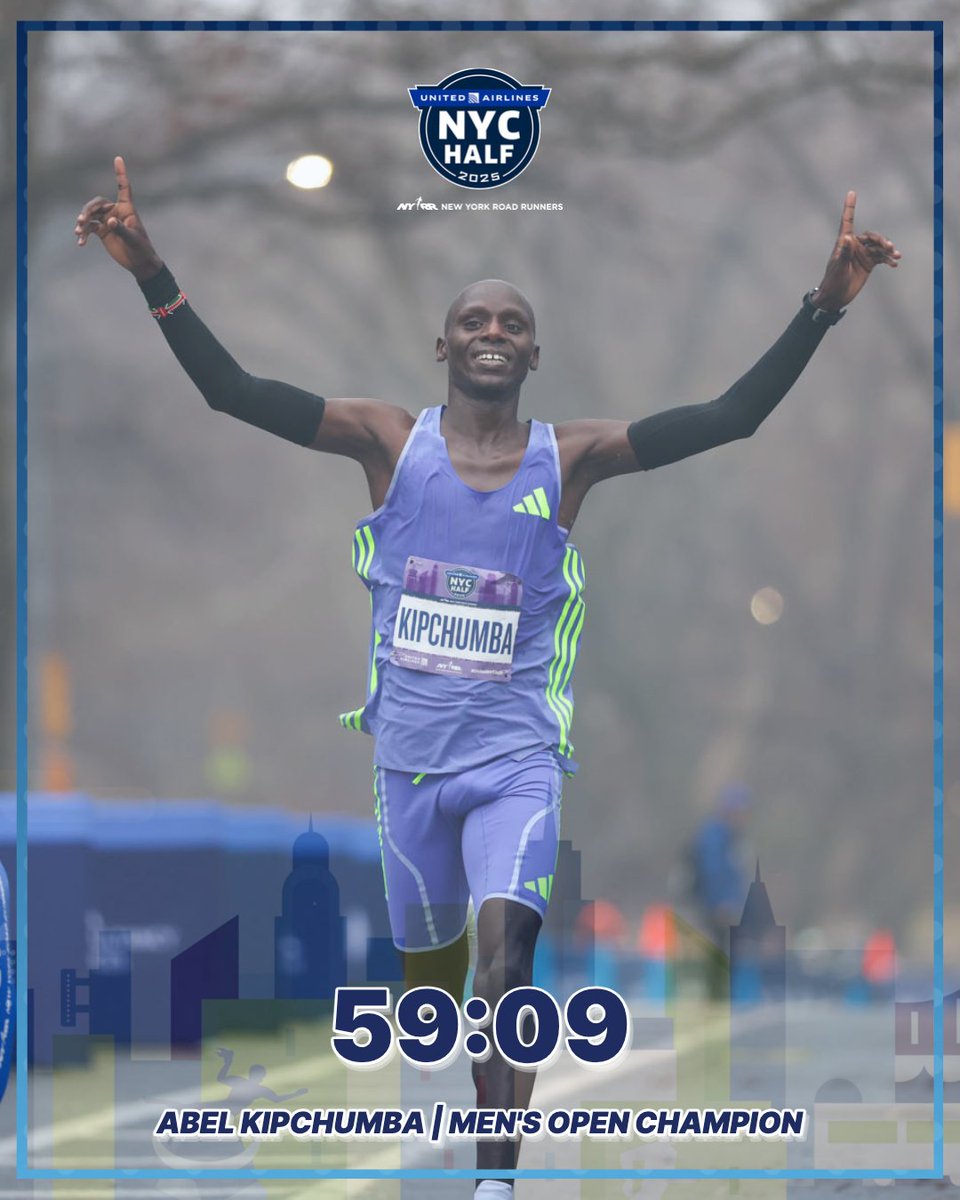 Abel Kipchumba of Kenya wins the 2025 #UnitedNYCHalf in a time of 59:09, an event record! This is his second win in a row as he defends his title from 2024. 
 
Send some love to Abel! ⬇️ 💙🥳