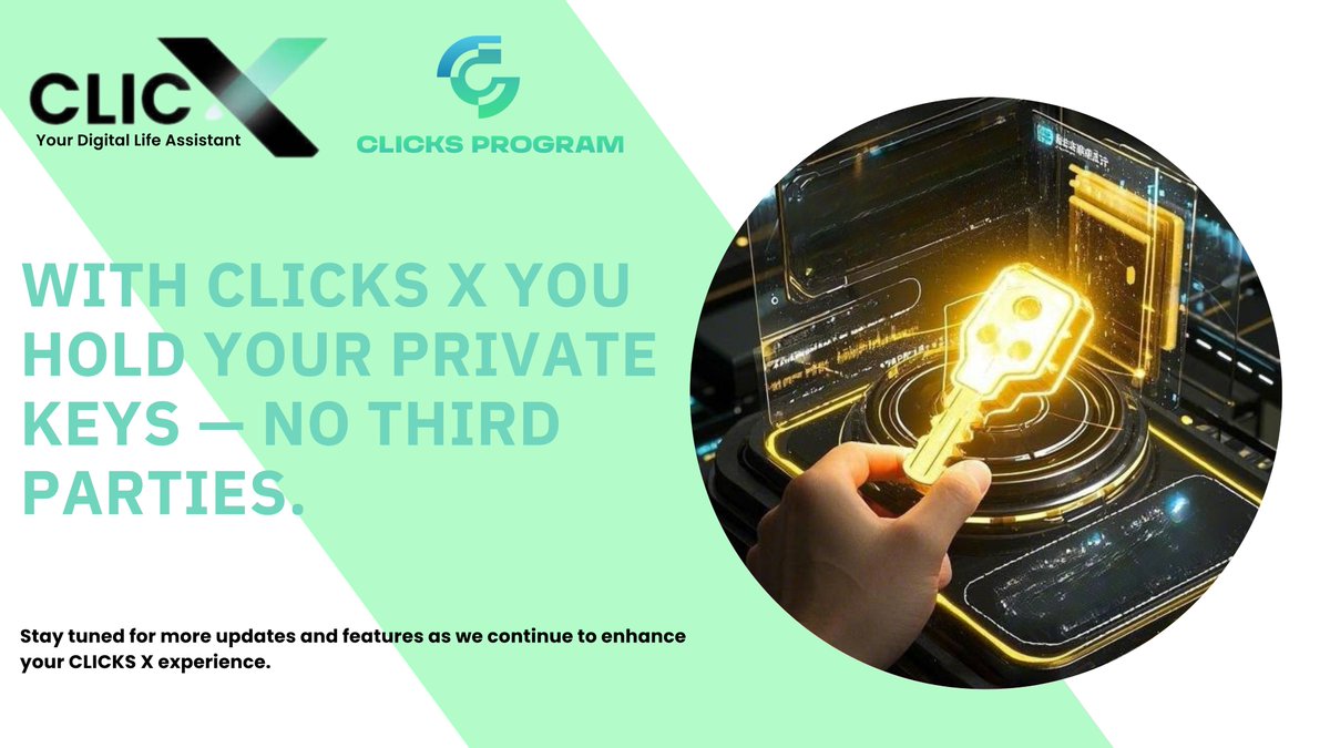 ClicksProgram's tweet image. True Ownership

🛡️ Own your data, own your assets.

With CLICKS X, you hold your private keys — no third parties.

True decentralization, true freedom.

#web3ownership #clicksx #clicksprogram #blockchain #Web3 #DeFi