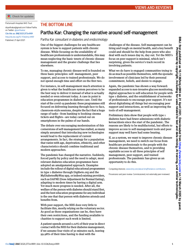 parthaskar's tweet photo. "To me, managing chronic disease well is founded on three basic principles: self- management, peer support, and access to trained professionals. 
We do not spend enough time and effort on the first two"

Via @bmj_latest 2021

Link:
https://t.co/ddp9lDl1No

And a reminder of work from @NHSDiabetesProg around #PeerSupport in #T1D @BT1DUK @DiabetesUK 

https://t.co/LX3M0sUQ2e