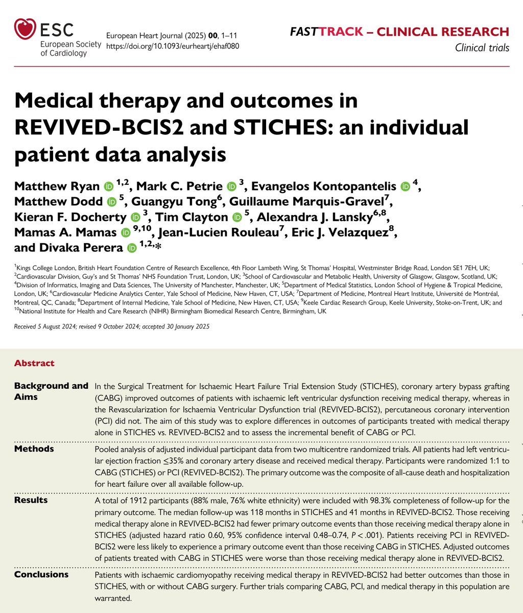 🆕Un complejo análisis estadístico permitió reunir los datos del #STICHES y #REVIVED-BCIS2. #EHJ

🏁Resultado (generador de hipótesis⚠️):
💊El tratamiento médico del REVIVED es la mejor estrategia para reducir eventos en pacientes con cardiopatía isquémica💔.

🧵Veamos: