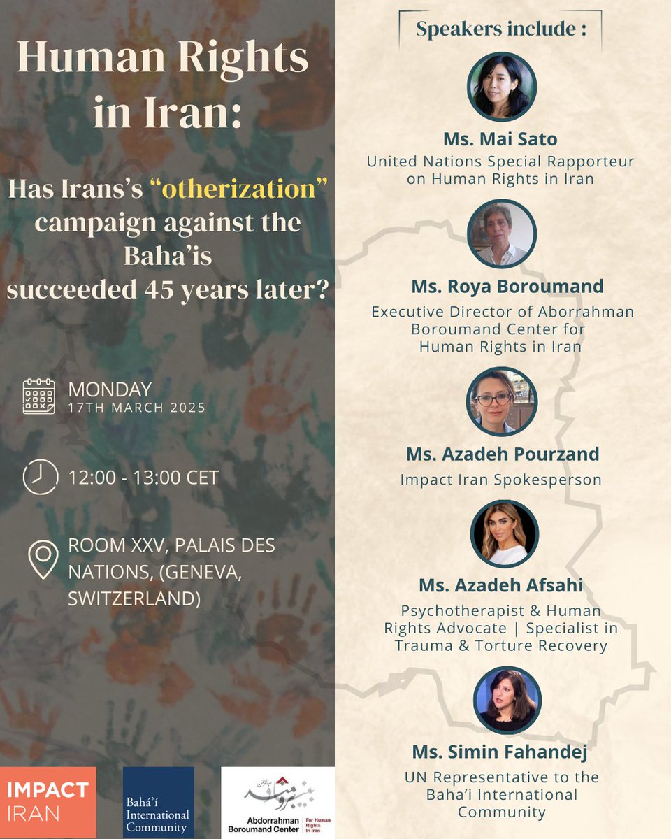 If you’re in Geneva, join us for this event tomorrow at the #UnitedNations Human Rights Council!

We will be joined by distinguished panelists : <a href="/drmaisato/">Mai Sato</a>, <a href="/RoyaBoroumand/">Roya Boroumand</a>, <a href="/azadehpourzand/">Azadeh Pourzand</a>,  <a href="/Azadeh_Afsahi/">Azadeh</a> and <a href="/siminfa/">Simin Fahandej</a>. 

#humanrights #ourstoryisone #Iran