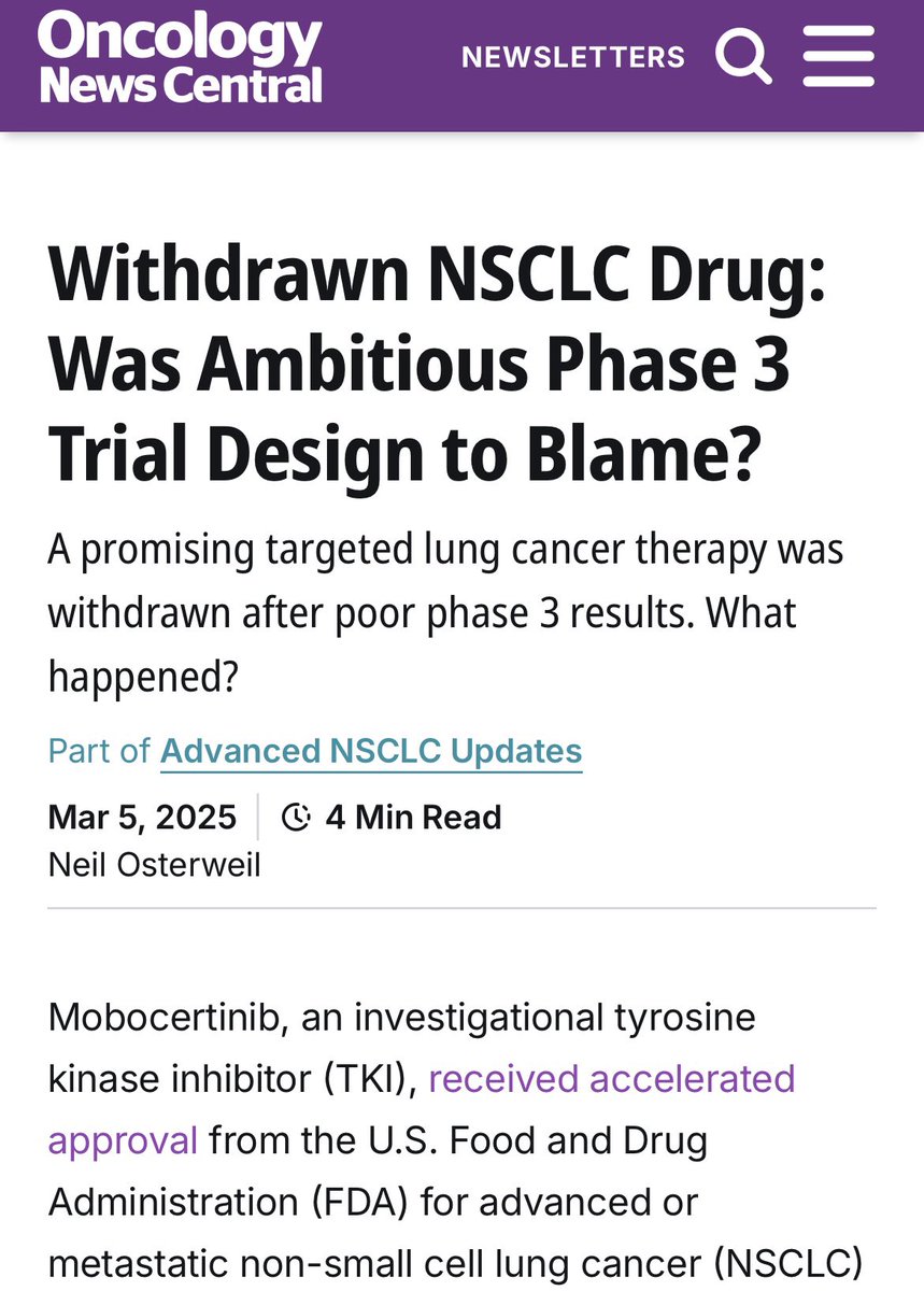Interesting read on cancer drug development strategies. Here example is mobocertinib, known affectionately as "Mobo", withdrawn from accelerated approval due to a negative Phase 3  trial. Overly ambitious? https:/ oncologynewscentral.com/nsclc/withdraw…