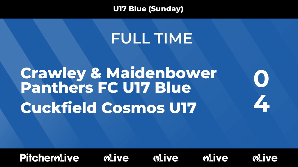 FULL TIME: Crawley &amp; Maidenbower Panthers FC U17 Blue 0 - 4 Cuckfield Cosmos U17

Defeat in the second match of their double-header for Under 17 Blue

#COYP
cmpanthersfc.com/teams/215180/m…