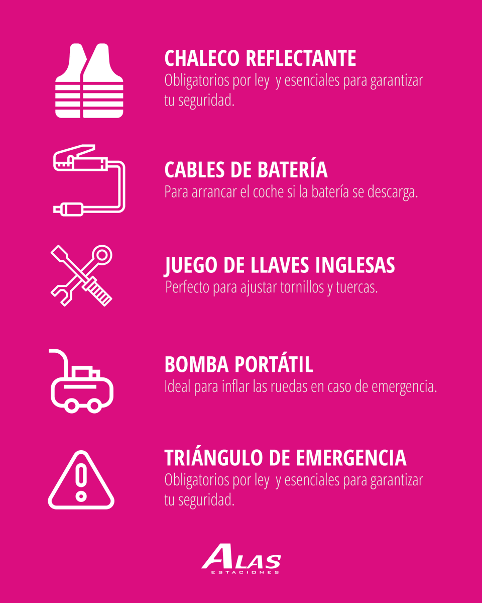 🔧 Todo lo que necesitas en carretera 🔧

✔ Chaleco reflectante
✔ Triángulos de emergencia

🔋 Para problemas mecánicos:
✔ Cables de batería
✔ Juego de llaves inglesas
✔ Bomba portátil para neumáticos