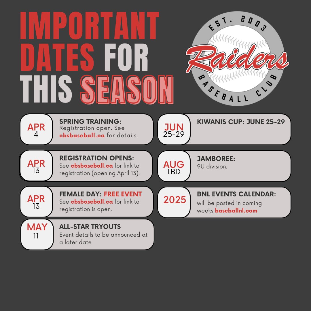 We're gearing up for the 2025 Baseball Season, and we hope you're as excited as we are! Here are some important dates to remember. Be sure to bookmark these dates and stay tuned for more updates!