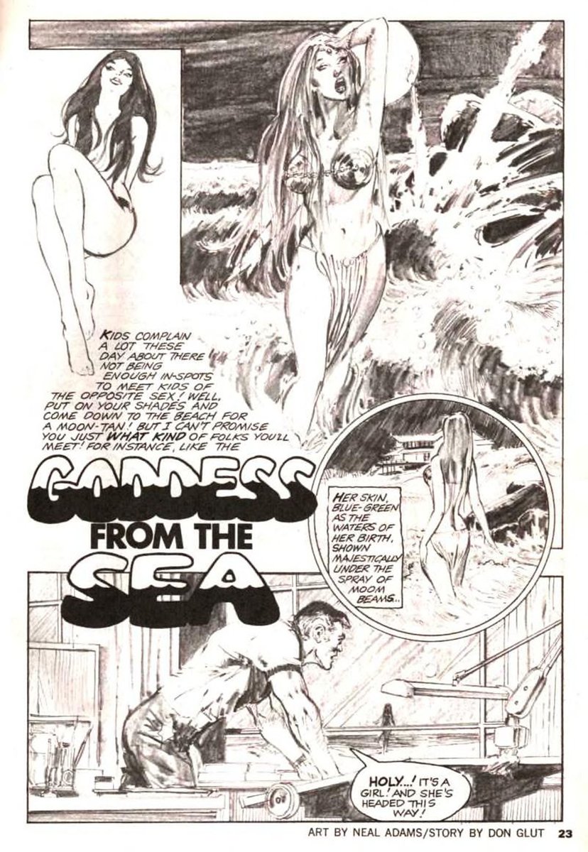 THIS LITERAL SPLASH PANEL by the late great Neal Adams is one of the most sensual images of the archetypal sword and sorcery beauty put on a comics page.  Adams told me she was inspired by Frazetta's art and actress Anita Ekberg.