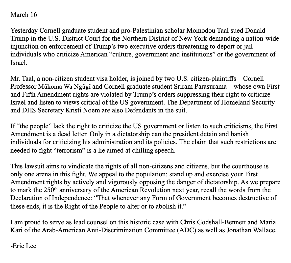 We have sued Donald Trump, DHS and DHS Sec'y Noem on behalf of <a href="/MomodouTaal/">Momodou ✊🏿</a> &amp; fellow students/profs demanding national injunction against Trump executive orders suppressing free speech.

My statement: