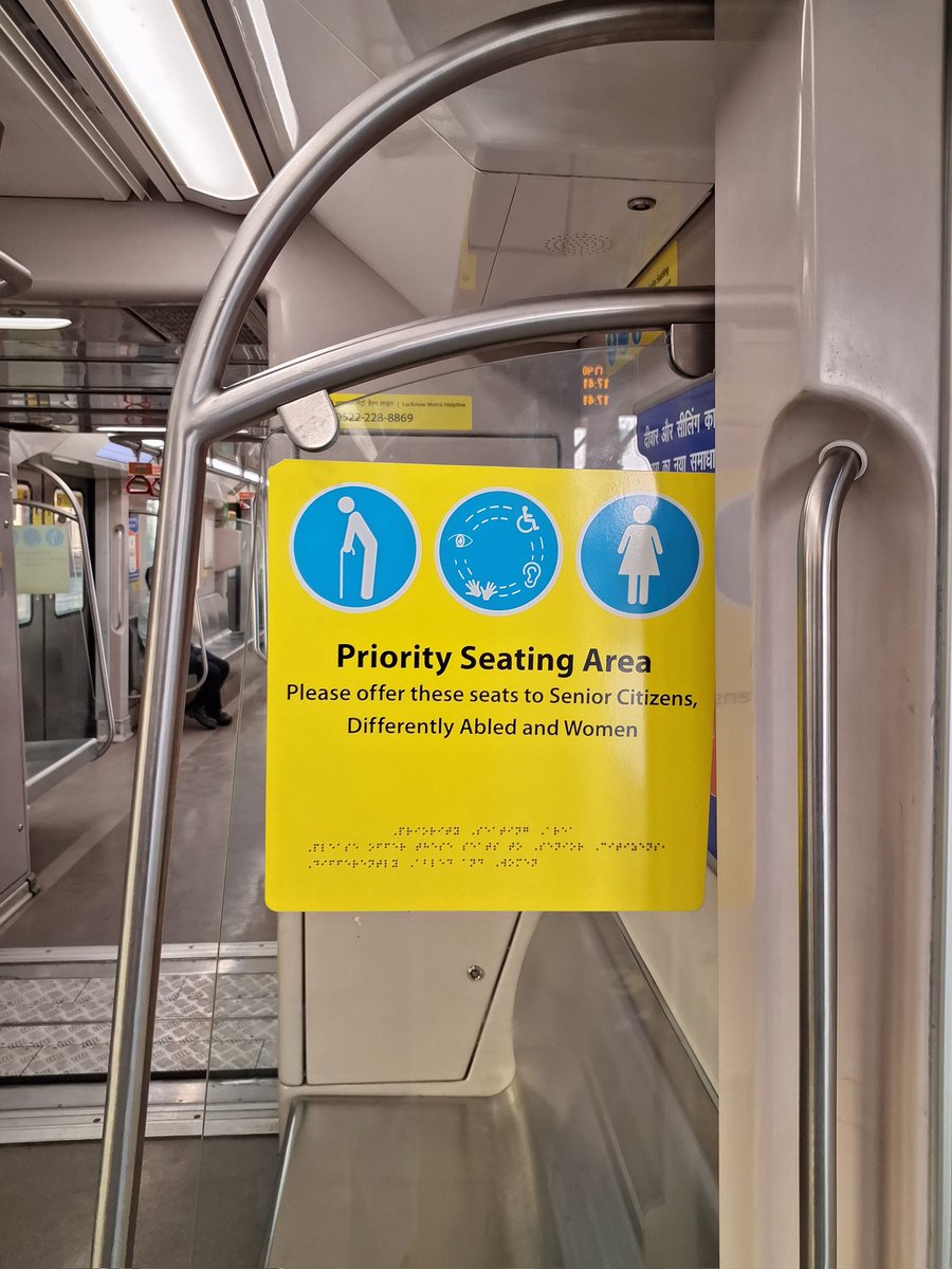 singhprisha19's tweet photo. Saw a Braille inscription on a priority seating sign in the Lucknow Metro today—a great step toward accessibility! But it got me thinking: Is it placed for easy reach? Do visually impaired passengers know it’s there?  
Drop your thoughts
#UX #Braille #Inclusivity #connect https://t.co/5EjjHzTy24