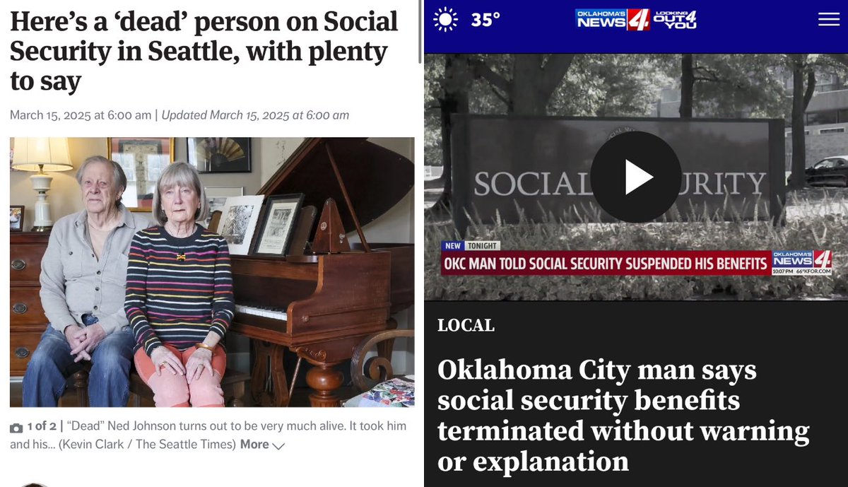 Hey look — DOGE found dead people on social security and cut off their benefits… one problem: THEY ARE ALIVE. 😕
seattletimes.com/seattle-news/p…