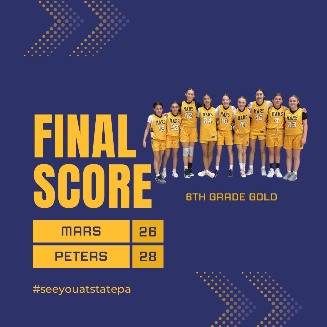 Mars Girls Youth Basketball (@mgyba_hoops) on Twitter photo What a season for the <a href="/MGYBA_Hoops/">Mars Girls Youth Basketball</a> Girls 6th Grade Gold Team! ๐๐๐
These girls balled out at the <a href="/seeyouatstate/">State Basketball Championship</a> championships, showing heart, hustle, and teamwork! Though they fell to a tough Peters Township squad in their final game, they have so much to be proud of.
The What a season for the <a href="/MGYBA_Hoops/">Mars Girls Youth Basketball</a> Girls 6th Grade Gold Team! ๐๐๐
These girls balled out at the <a href="/seeyouatstate/">State Basketball Championship</a> championships, showing heart, hustle, and teamwork! Though they fell to a tough Peters Township squad in their final game, they have so much to be proud of.
The