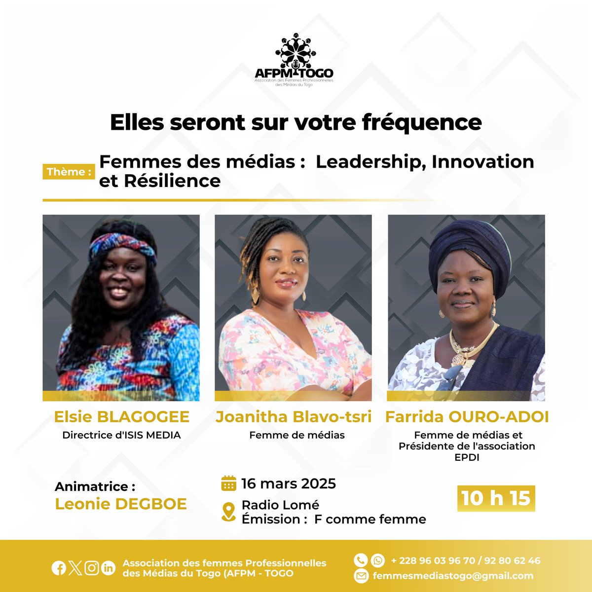 En cette période de mars, mettons en lumière les femmes de médias ! Retrouvez-nous sur vos plateformes, et découvrez ici notre programmation sur Radio Lomé avec l’Association des Femmes Professionnelles des Médias du Togo.

#afpmtogo