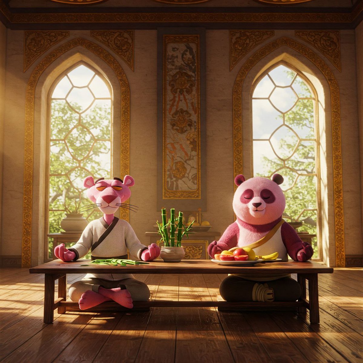 PinkPandaaCoin's tweet photo. **" there’s no place like home. 🐆🏯🐼  
Panther and Panda are back at the temple, relaxing and reminiscing about their wild journey. 🌿✨  
From tropical beaches to the Hall of Memecoins – they’ve seen it all. 🏖️🏛️  
But nothing beats the peace of their jungle sanctuary. 💖 "** https://t.co/OiS90Hvn4W