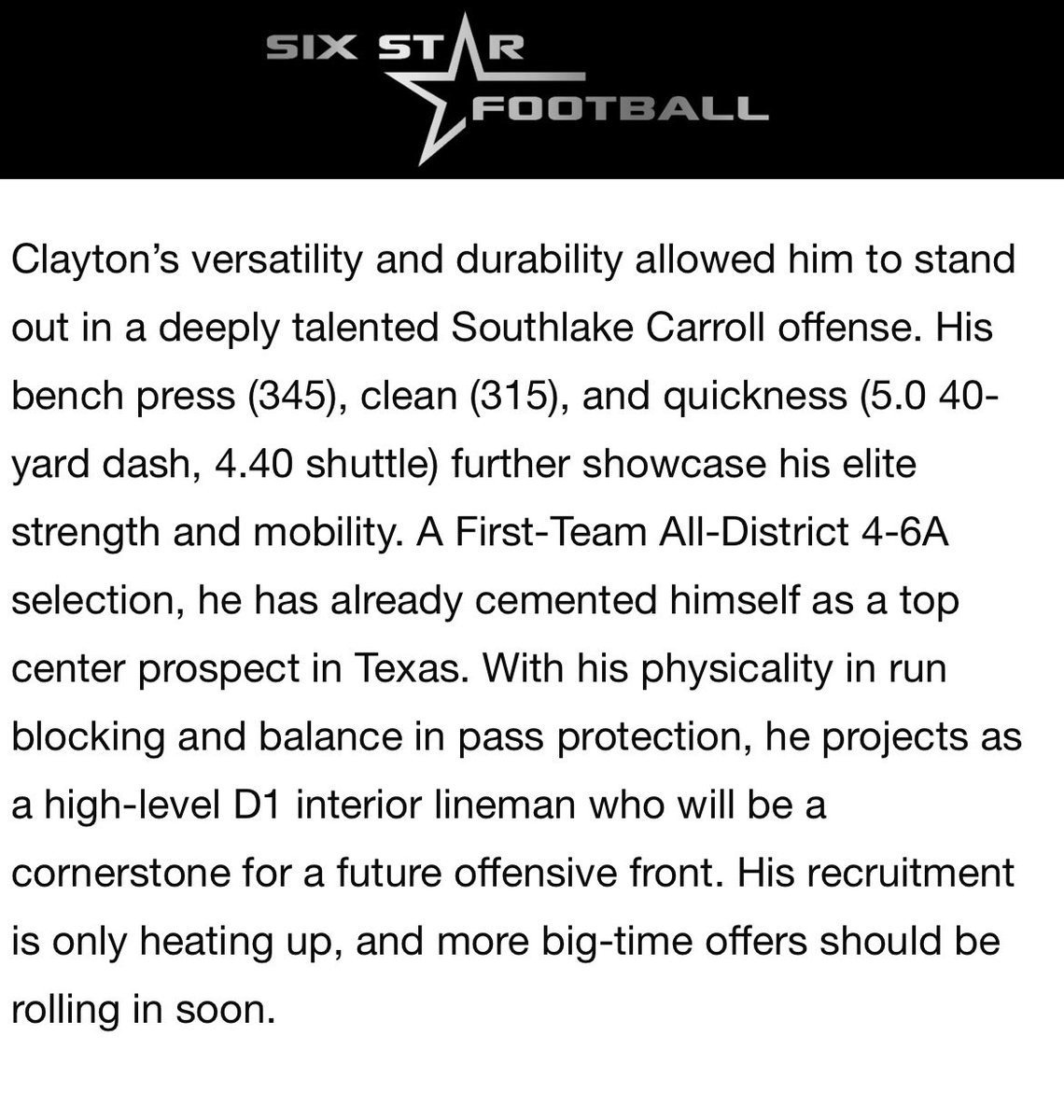 Carey Clayton (@carey_clayton51) on Twitter photo Appreciate the write up <a href="/sixstarfootball/">Six Star Football | PLUS+</a> , I am very thankful for all the interest that has been expressed so far from all the universities. I will continue to grind and get better everyday. Appreciate the write up <a href="/sixstarfootball/">Six Star Football | PLUS+</a> , I am very thankful for all the interest that has been expressed so far from all the universities. I will continue to grind and get better everyday.