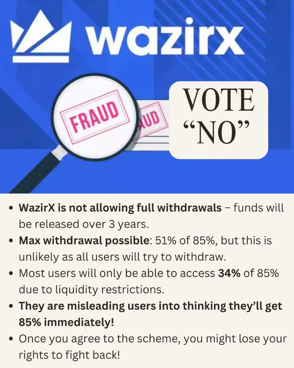 Asligc's tweet photo. WazirX SCAM – DO NOT FALL FOR IT! 🚨

Nischal Shetty & Jason Kardachi (Kroll) are trapping users with misleading claims. They say you'll get 85% back, but the reality? Max withdrawal is 51% of 85%, and most users will only get 34%!

The rest? Locked for 3 YEARS! Users will only get their funds in 3 years, which is even worse than liquidation at least in liquidation, there’s a clear process to recover assets instead of being trapped in a scam. 🚨

They refuse to answer real questions and keep sending generic replies while pushing a scheme that benefits them, NOT the users.

Shetty is manipulating words in English to mislead users, knowing that if people understand the truth, they won't support this scam!

People backing him are only doing it to get their money out no one truly supports him. He’s blocking full withdrawals because if users got all their funds, his greedy scheme would fall apart. 🚨

🚫 VOTE NO! Don't let them get away with this. #WazirXScam #CryptoFraud #StopTheScam #ArrestNischalShetty @dir_ed