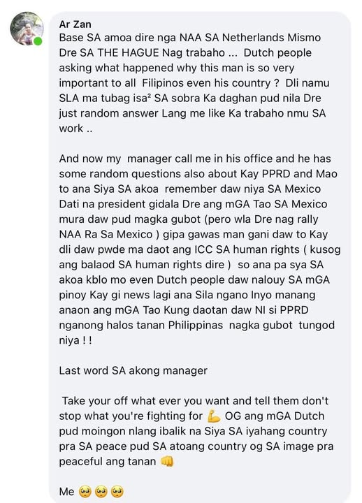 archiekins29's tweet photo. Ang buong mundo ngayon ay nagtataka kung bakit ang matandang ito ay nililitis sa ICC. Kung masamang tao siya bakit ang mga Filipino sa iba't ibang bahagi ng bansa ay nagtipon at sumisigaw ng kanyang kalayaan. Kung masamang tao siya dapat hindi ganito ang reaksyon. @IntlCrimCourt https://t.co/ePdVUsZAxb