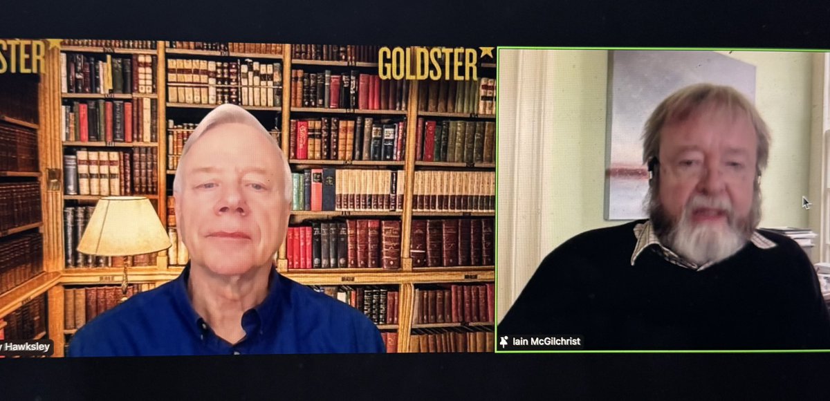 Listening to a fascinating conversation as  Humphrey Hawksley interviews psychiatrist &amp; fellow #author Iain McGilchrist. Our final #Goldster event. We hope to be back again in some format sometime soon. Watch this space!
