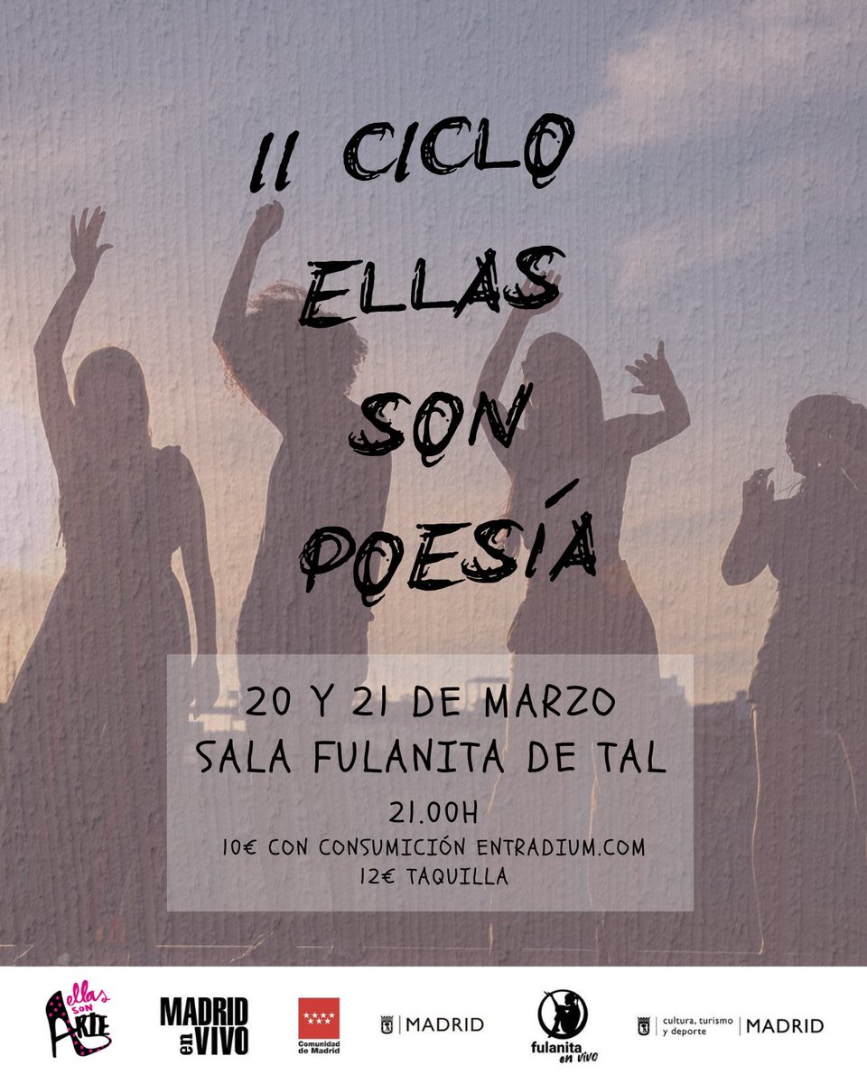 EllassonArte's tweet photo. Vente a celebrar el #díadelapoesía con nosotras a la sala madrileña @FulanitaDeTal__ 20 y 21 de marzo 
Entradas con consumición incluida en @entradium 
Link día 20: https://t.co/bxMTajoMYt
Link día 21: 
https://t.co/3lYBj2wPOS https://t.co/5MkqJmZIMf