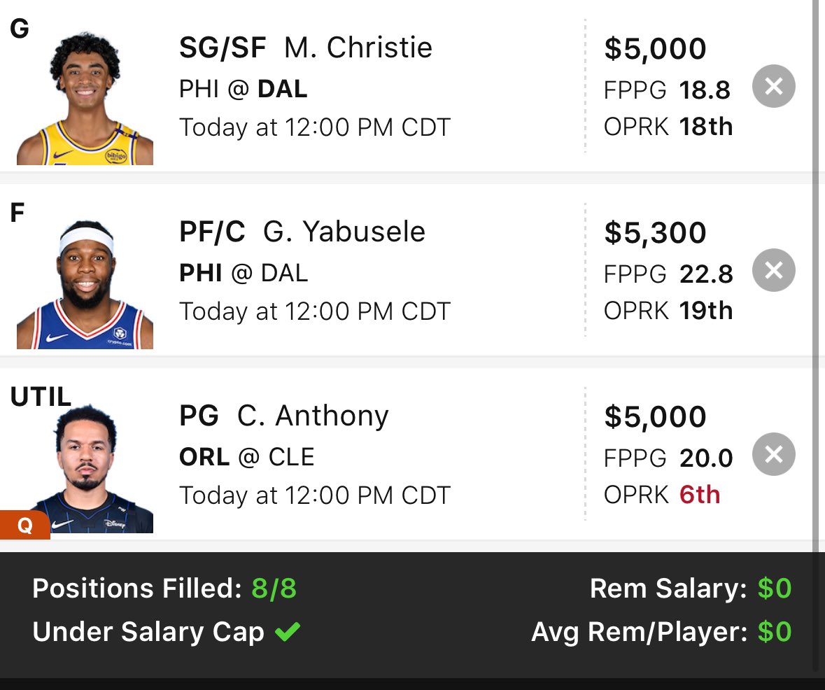 #Draftkings #NBA Early 3-Game Sunday Slate Lineup

Some players to watch as lineups come out but rolling with this as of now!

#DFS #GamblingX