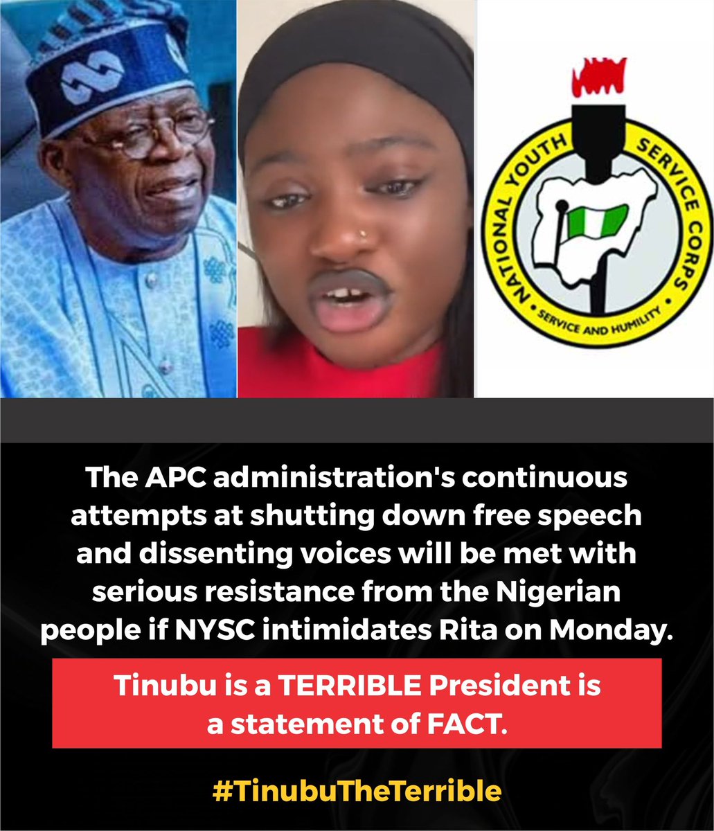 Vill_HeadMaster's tweet image. Tinubu is a terrible president is a statement of facts and every citizens has the rights to speak up against hardship &amp;amp;inflation caused by a vampire government.

We are standing in solidarity with Rita and we will resist all forms of intimidation to her person.
#RevolutionNow ✊.
