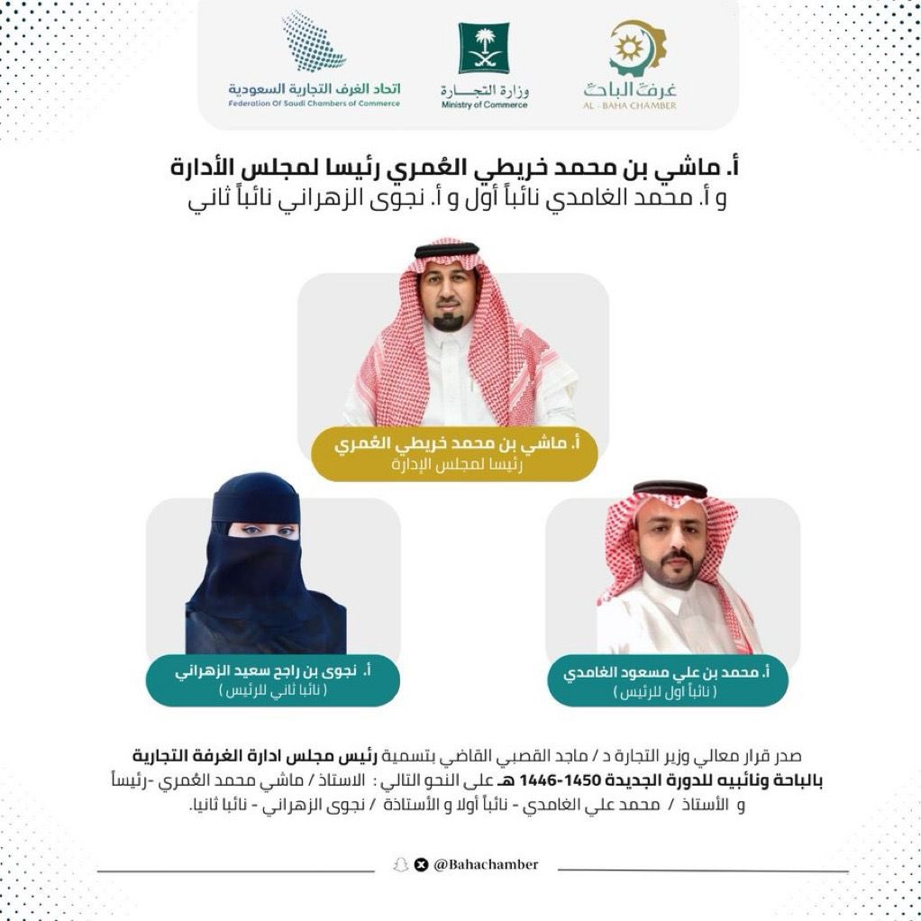 فهد الأحمدي 🆇 (@fahad_alahmdi88) on Twitter photo #تهنئه|
أجمل التهاني والتبريكات للأخ والصديق الغالي الأستاذ ماشي العُمري <a href="/almashi11/">ماشي العمري</a> بمناسبة صدور قرار معالي وزير التجارة بتسميته رئيسًا لـمجلس إدارة #الغرفة_التجارية_بالباحة لمدة ٤ سنوات قادمة؛
متمنينًا له ولزملائه التوفيق والنجاح ،،،
#الغرفة_التجارية_بالباحة #تهنئه|
أجمل التهاني والتبريكات للأخ والصديق الغالي الأستاذ ماشي العُمري <a href="/almashi11/">ماشي العمري</a> بمناسبة صدور قرار معالي وزير التجارة بتسميته رئيسًا لـمجلس إدارة #الغرفة_التجارية_بالباحة لمدة ٤ سنوات قادمة؛
متمنينًا له ولزملائه التوفيق والنجاح ،،،
#الغرفة_التجارية_بالباحة