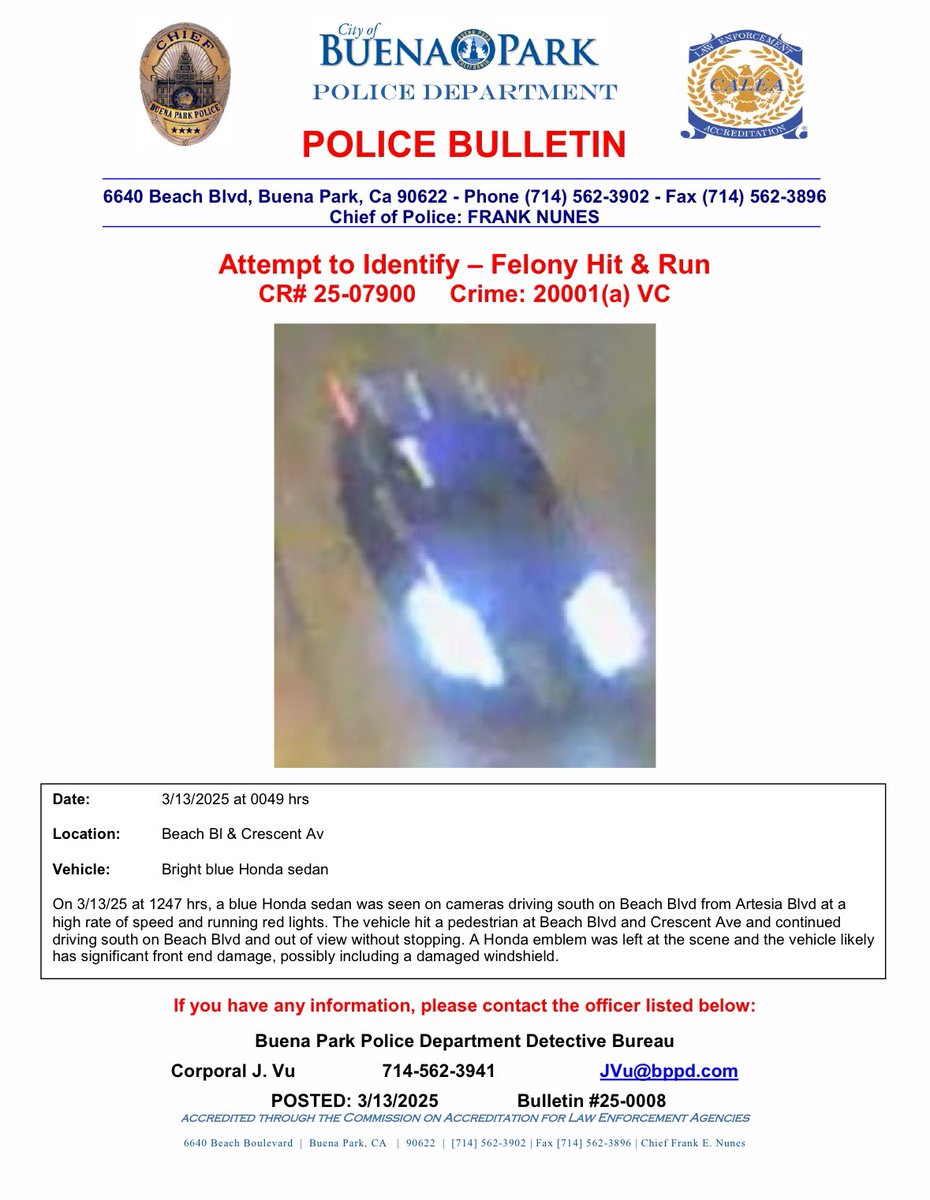 We are asking for the public’s help in identifying or locating a vehicle involved in a hit and run traffic collision.