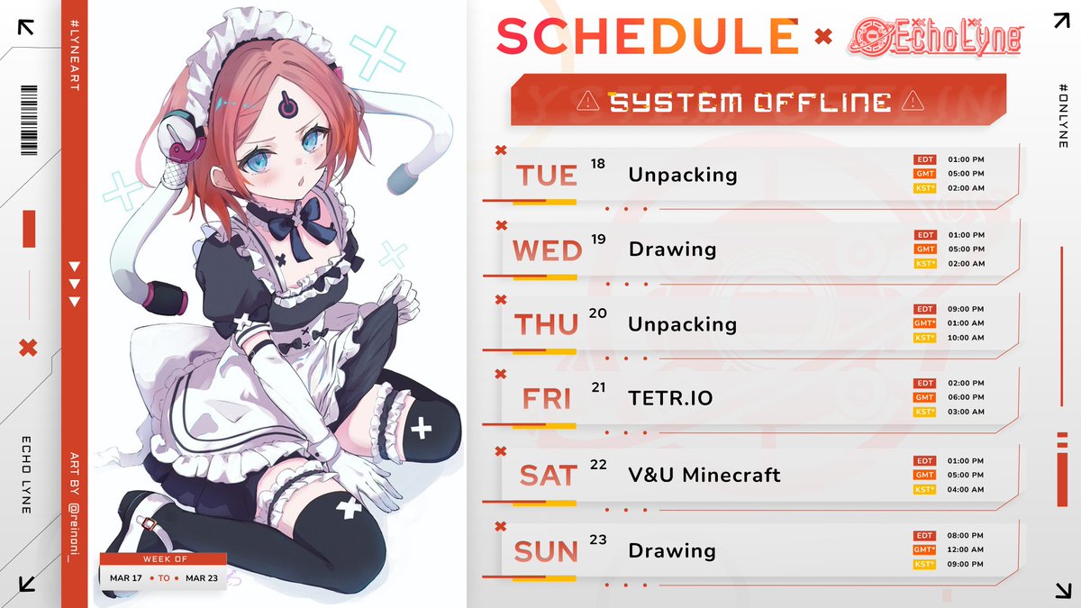 EchoVNU's tweet photo. 🪫 SCHEDULE 03/17 - 03/25 🪫
Let's make a couple more memories together!
Live: #OnLyne
Art: #LyneArt
Meme: #Echopium
Clips: #Echollection
Oshi Mark: 🪫 https://t.co/Q95FsXTdxW