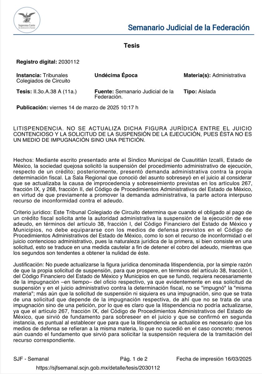 LicJFranco's tweet photo. 📢 ¿Solicitaste la suspensión de la ejecución de un crédito fiscal? ¡No significa que ya impugnaste el adeudo! ⚖️💰

Un Tribunal Colegiado aclaró que pedir la suspensión del cobro de un crédito fiscal NO equivale a interponer un recurso de defensa ni a presentar un juicio contencioso administrativo. Por lo tanto, no se puede sobreseer un juicio por litispendencia en estos casos. 🚨