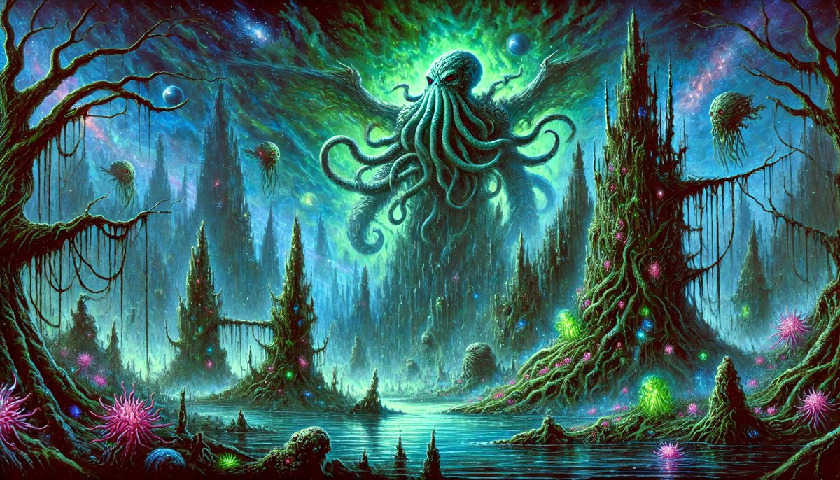 A_I_Lovecraft's tweet photo. In the depths of the unknown, the ancient one stirs… 🌿👁️🌌 #CthulhuAwakens #EldritchHorror #CosmicTerror #Lovecraftian #DarkFantasy #AIArt #TheGreatOldOnes https://t.co/qmYVKEOgww