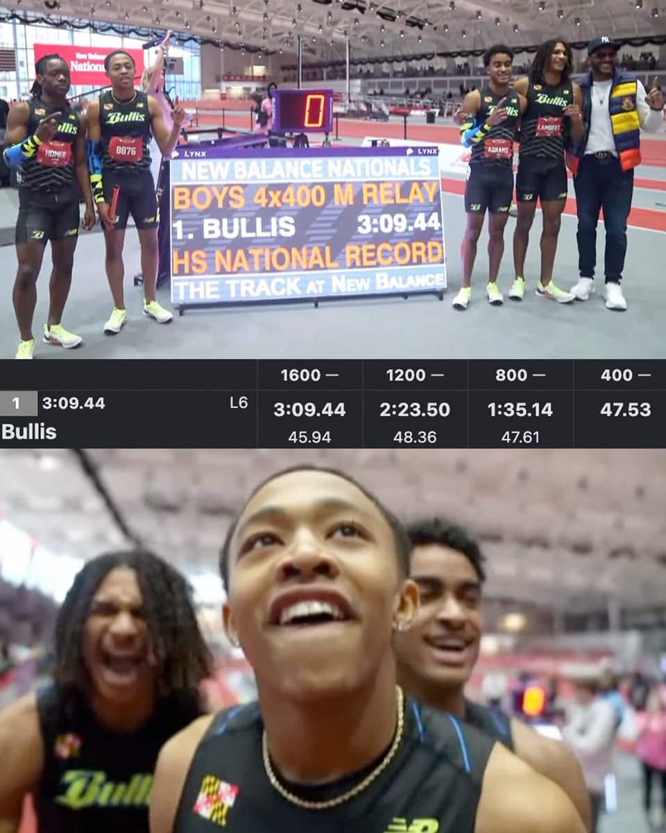 travismillerx13's tweet photo. 🚨BULLIS BREAK THE HIGH SCHOOL INDOOR 4X400m NATIONAL RECORD BY OVER TWO SECONDS in 3:09.44!!!

🔥Quincy Wilson 45.94 split
✅First indoor 4x400m in HS history sub-3:10
1️���.01s off Bullis' outdoor 4x400m best https://t.co/tKFvwQ8b0Z
