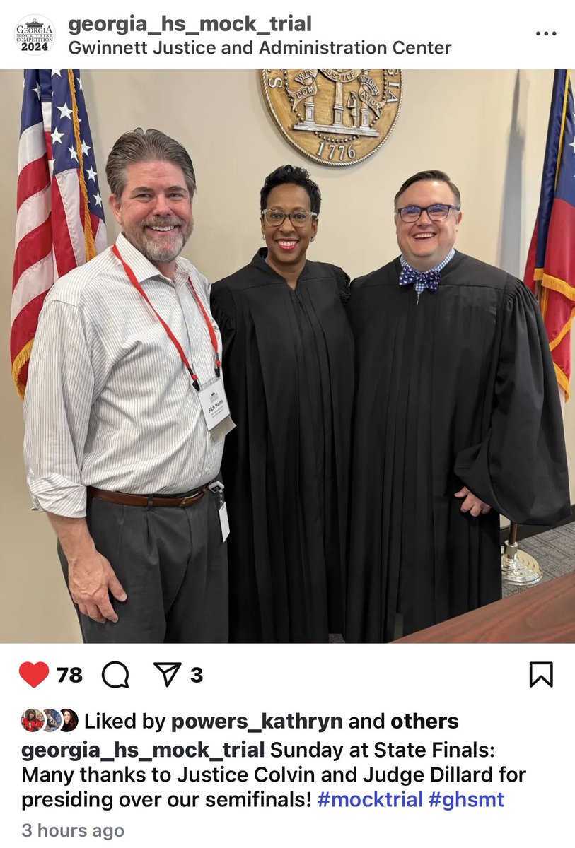 Thank you Justice Verda Colvin (<a href="/SupremeCourtGA/">Supreme Court of Georgia</a>) for helping me judge the semi-final rounds of the <a href="/GA_MockTrial/">Georgia High School Mock Trial Competition</a> competition. And thank you to Judge Billy Ray for judging the final round. It’s been an incredible weekend of competition. These students are absolutely amazing.