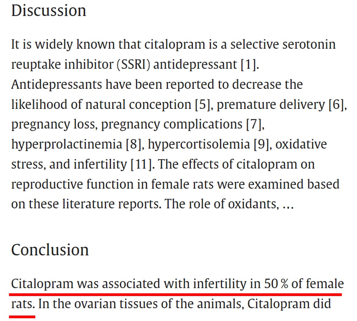 Adam Urato, MD (@adamurato1) on Twitter photo New Study:  Citalopram (Celexa) was associated with infertility in 50% of female rats.
"In half of the female rats, citalopram caused infertility, ⬆️ levels of prolactin & corticosterone, & damaged the ovaries histopathologically."
sciencedirect.com/science/articl… New Study:  Citalopram (Celexa) was associated with infertility in 50% of female rats.
"In half of the female rats, citalopram caused infertility, ⬆️ levels of prolactin & corticosterone, & damaged the ovaries histopathologically."
sciencedirect.com/science/articl…