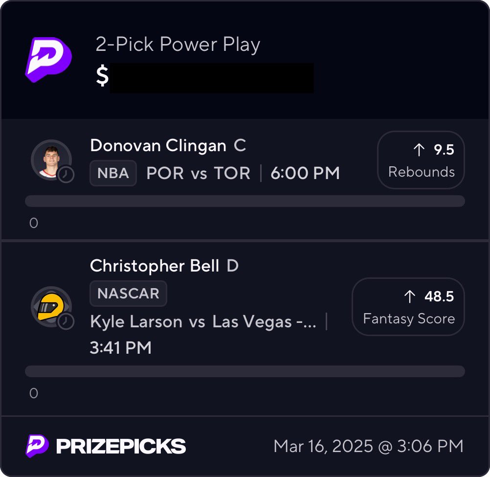 NASCAR pick today brought to you by <a href="/W_Dunn40/">Wes Dunn</a> 

Loving the clingan spot today, or the pivot to Nick Richards PR

prizepicks.onelink.me/gCQS/shareEntr…

#PrizePicksnascar #PrizePicksNBA #PrizePicksToday #prizepicks